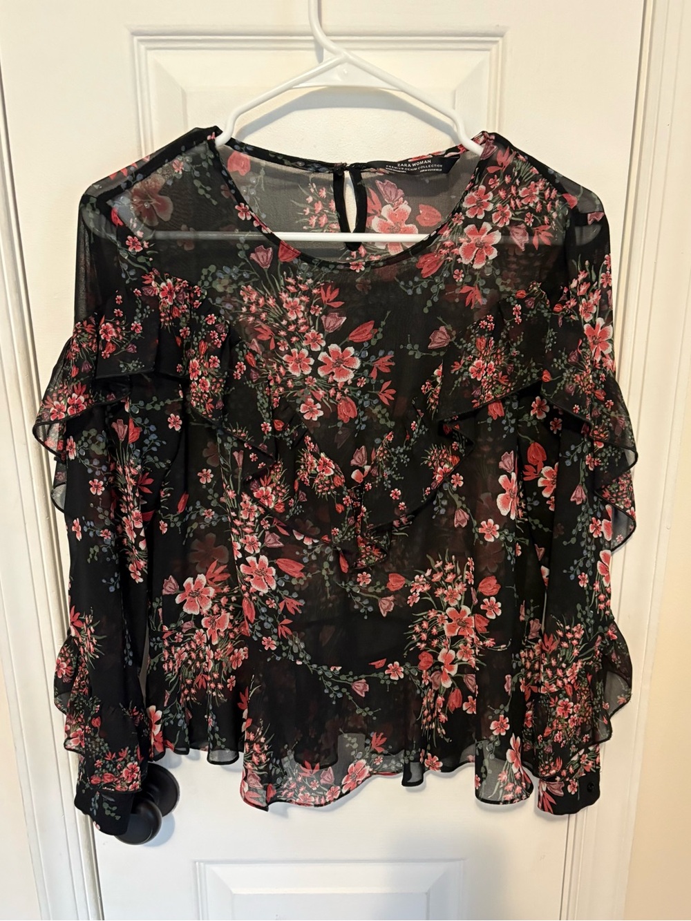 Zara Woman Black Floral Sheer Ruffle Blouse Size Medium